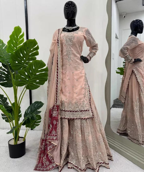 Indian Wedding Special Ethnic Stitched Faux Georgette Top Sharara Dupatta