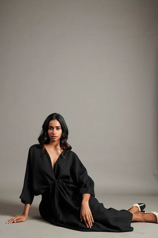 Linen Gathered Kaftan Dress
