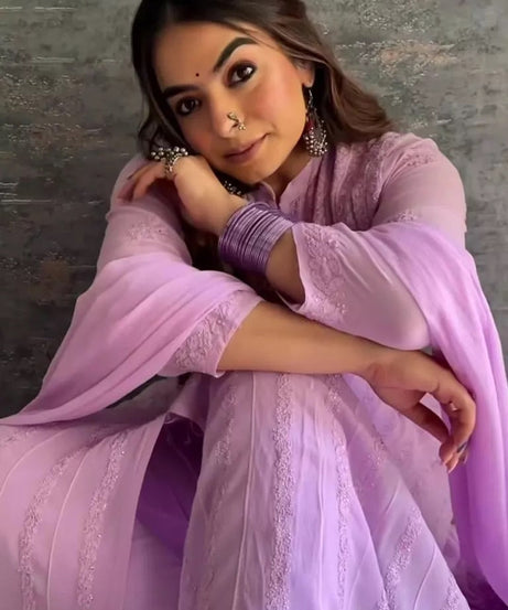 Women's Georgette With Embroidery Work Top Pant & Dupatta Set