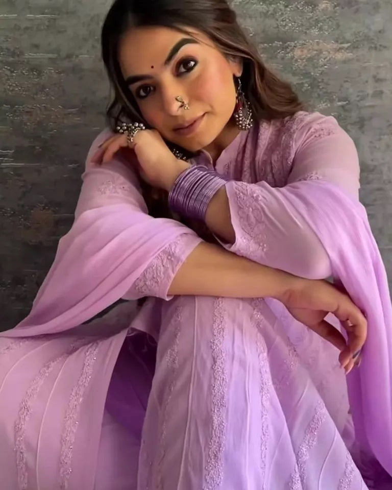 Women's Georgette With Embroidery Work Top Pant & Dupatta Set