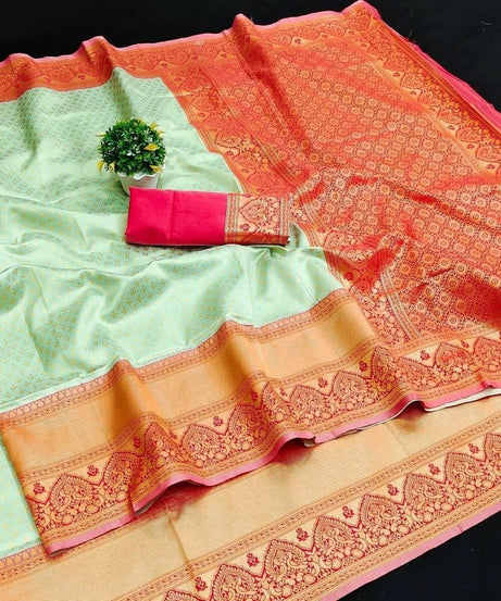 Women's Traditional Banarasi Soft Silk Wedding Wear Saree & Blouse 11-KT