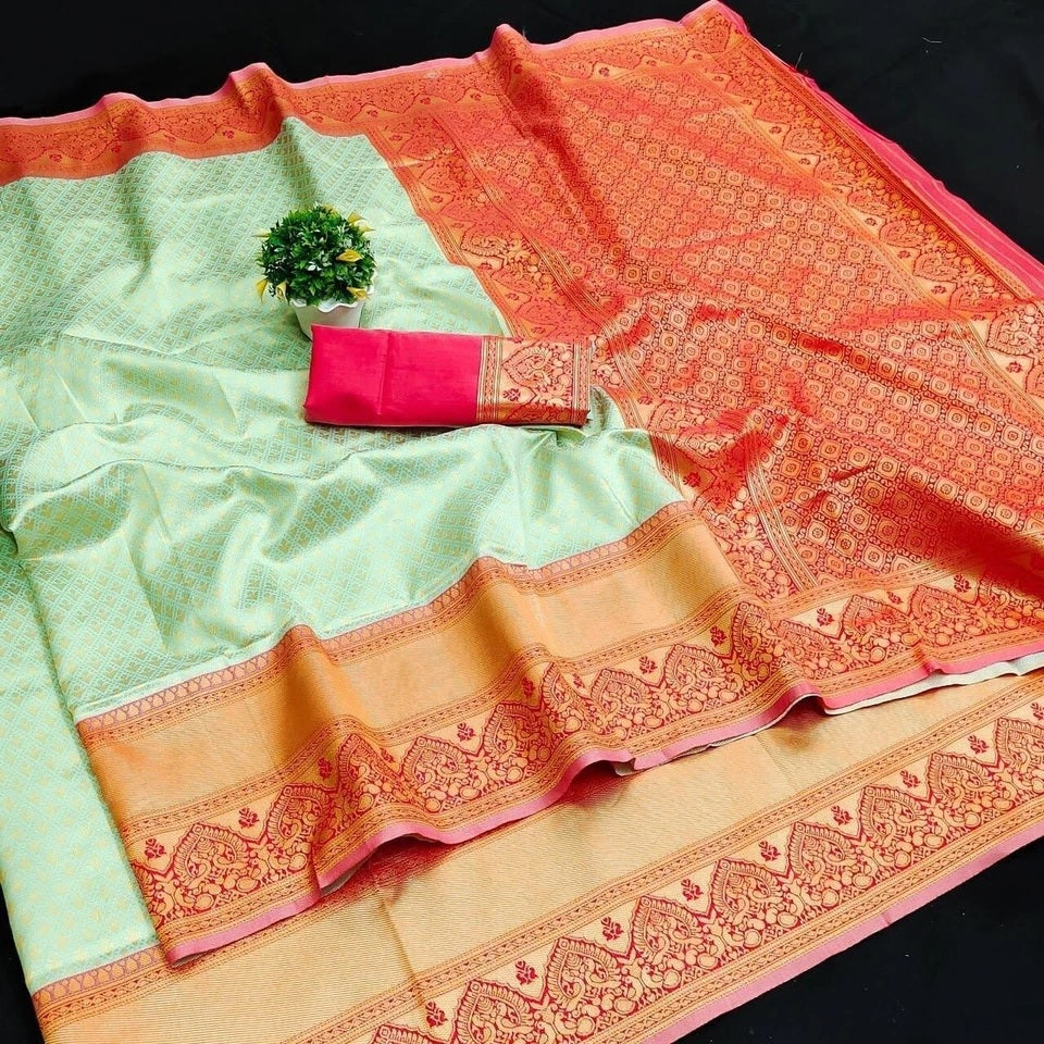 Women's Traditional Banarasi Soft Silk Wedding Wear Saree & Blouse 11-KT