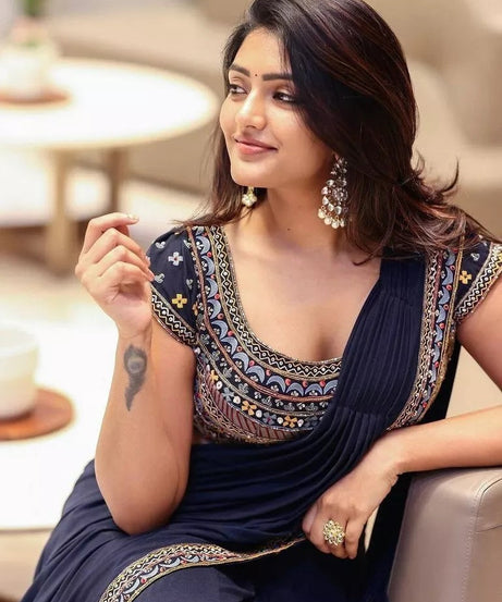 Soft Georgette With Embroidery Lace Border Ready To Wear Sari With Blouse