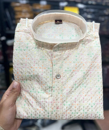 Men's Heavy Banglori Silk With Embroidery Sequence Work Kurta Pajama Set