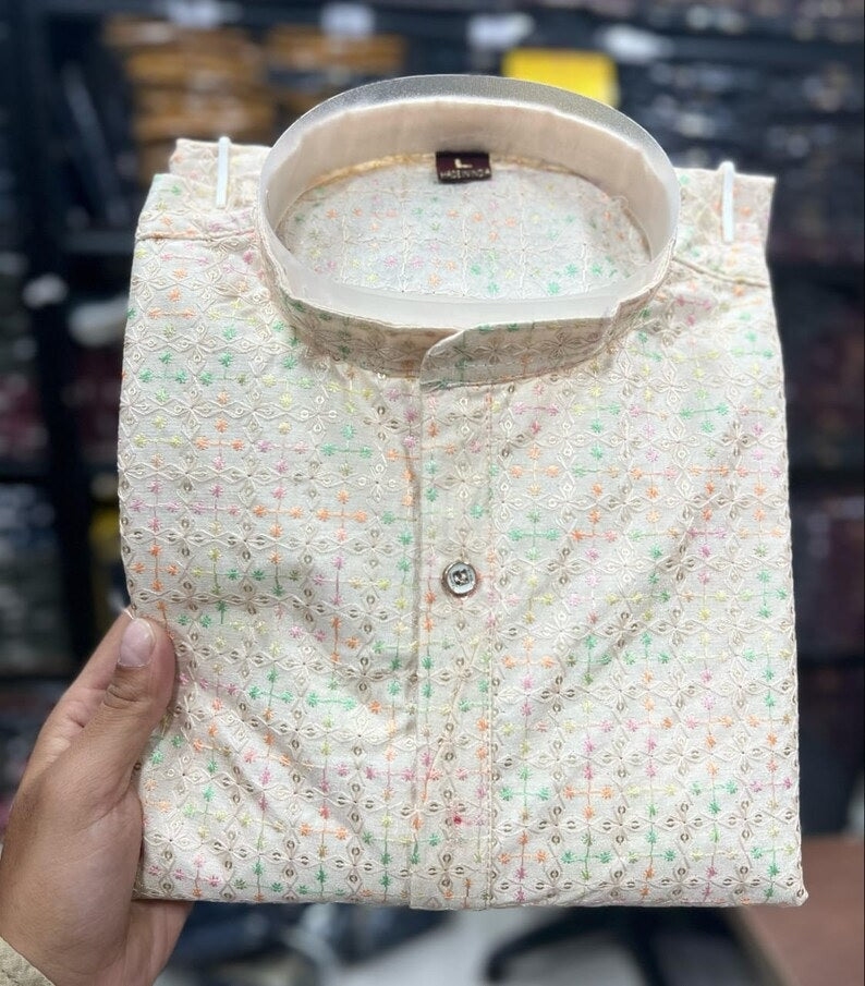 Men's Heavy Banglori Silk With Embroidery Sequence Work Kurta Pajama Set