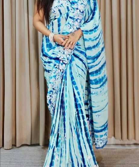 Traditional Soft Crush Multi Color Print Georgette Saree And Blouse