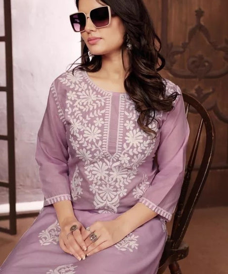 Heavy Cotton With Chikankari Embroidery Work Kurti Pant