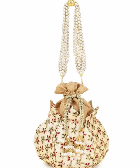 Lotus Floral Embroidered Faux Silk Potli Handbag