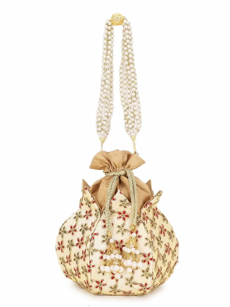 Lotus Floral Embroidered Faux Silk Potli Handbag