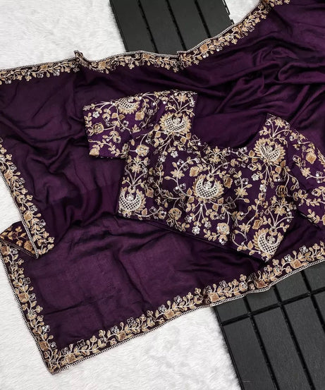 Two Tone Vichitra Silk  Multi Thread Embroidery Work Saree With Blouse