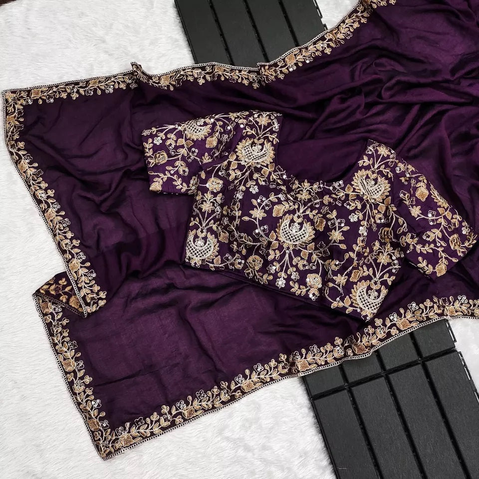 Two Tone Vichitra Silk  Multi Thread Embroidery Work Saree With Blouse