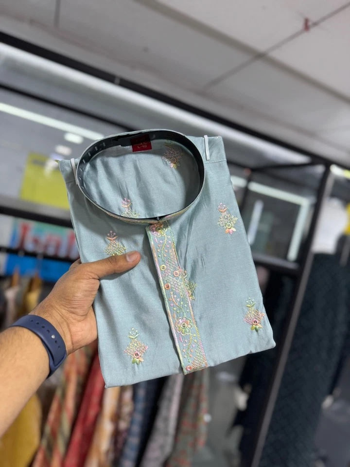 Traditional Silk Embroidery Kurta With Cotton Pajama Set For Men's, Wedding Wear Kurta Set