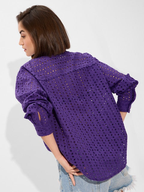 Cutwork Shirt  Purple Women Boyfriend Shirts