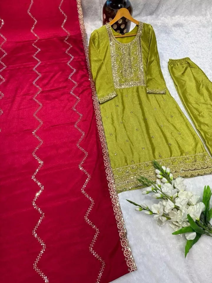 Function Beautiful Full Stitched Heavy Pure Chinon Kurti Bottom Dupatta