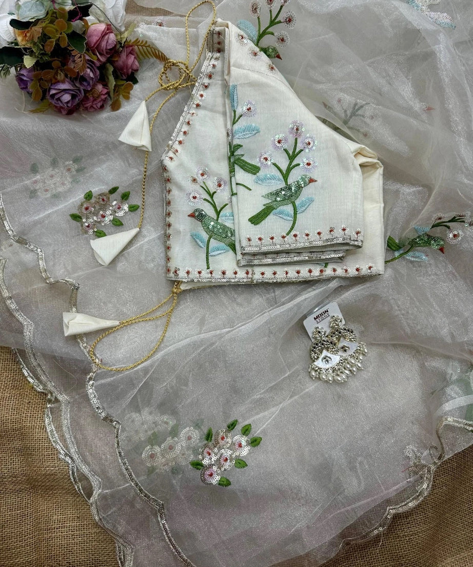 Soft Organza Saree With Embroidery Sequence Work Sari With Blouse