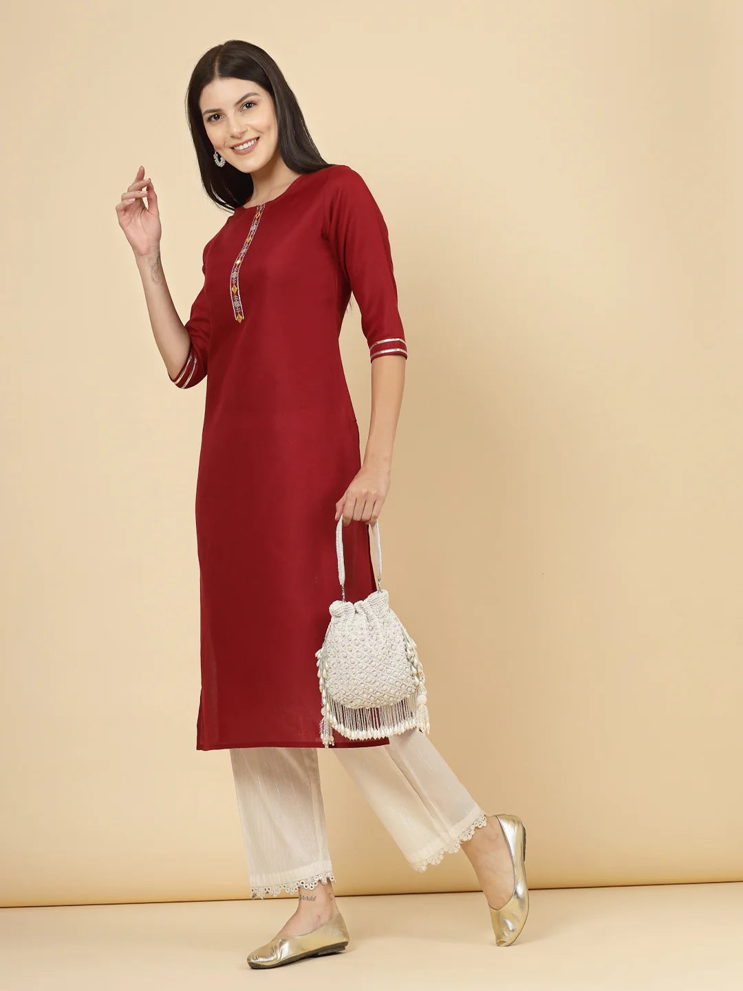 Droop Pearl Embellished Velvet Potli Bag