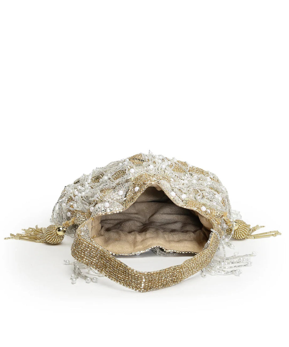 Droop Palmette Embellished Suede Potli Bag