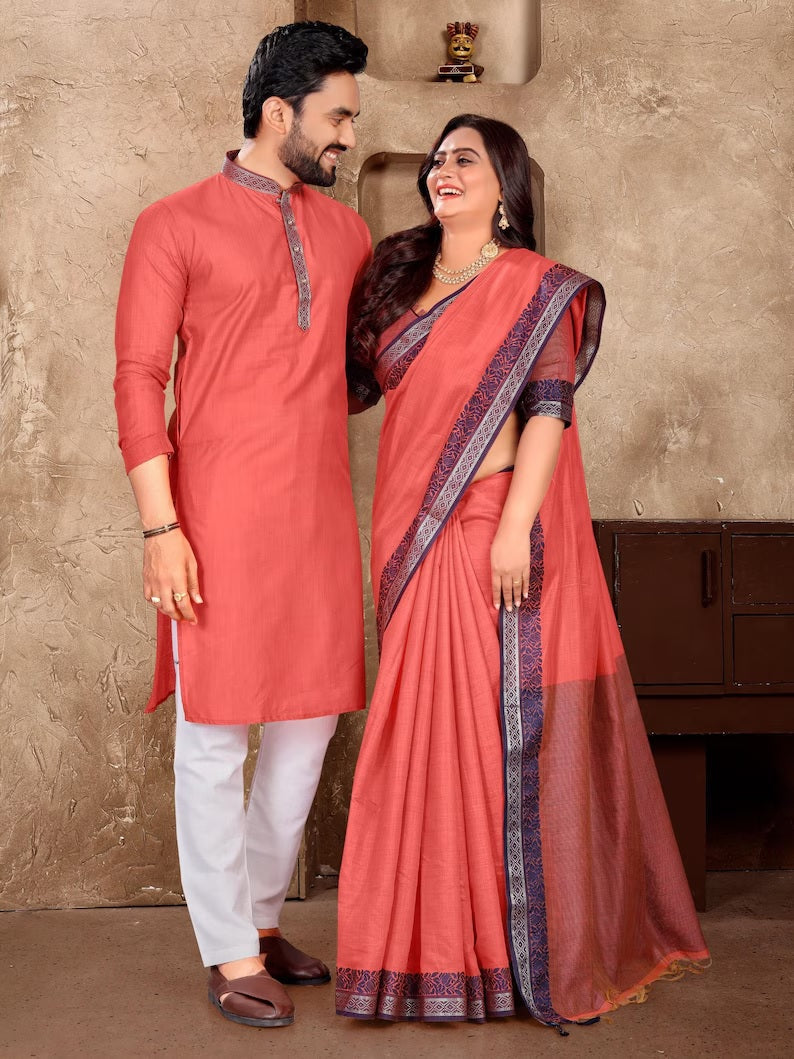 Linen Silk Kurta And Saree Set & Couple Combo Set