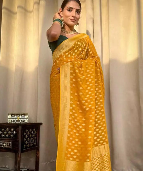 Banarasi Soft Silk Yellow Sari & Blouse