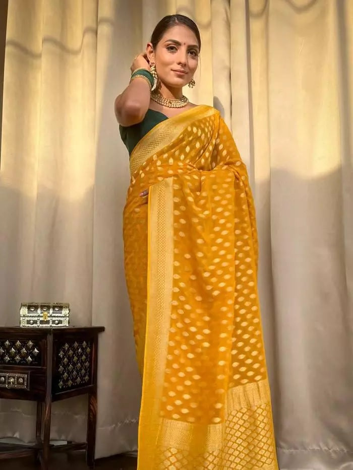Banarasi Soft Silk Yellow Sari & Blouse
