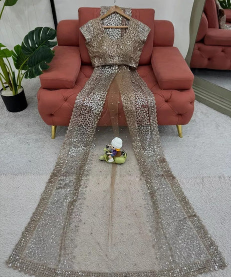 beautiful Wedding Soft Net Sequence Work Saree,Party Function Wear Sari & Blouse