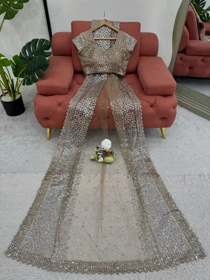 beautiful Wedding Soft Net Sequence Work Saree,Party Function Wear Sari & Blouse