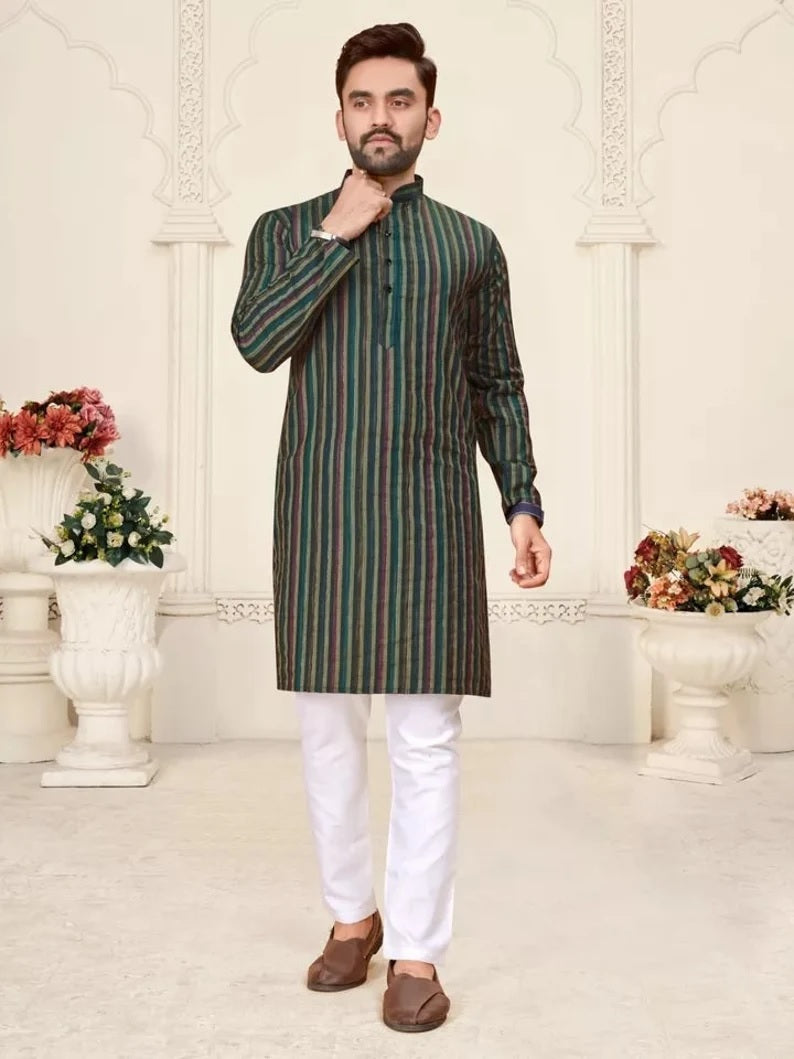 Pure Linen Cotton Kurta Pajama Combo Set For Men's