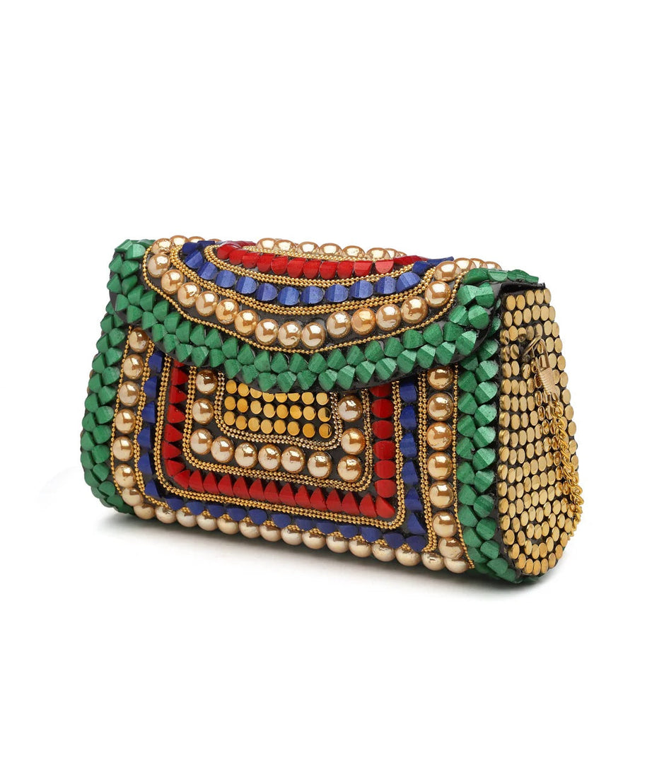 Mosaic Stone Work Embellished Metal Clutch