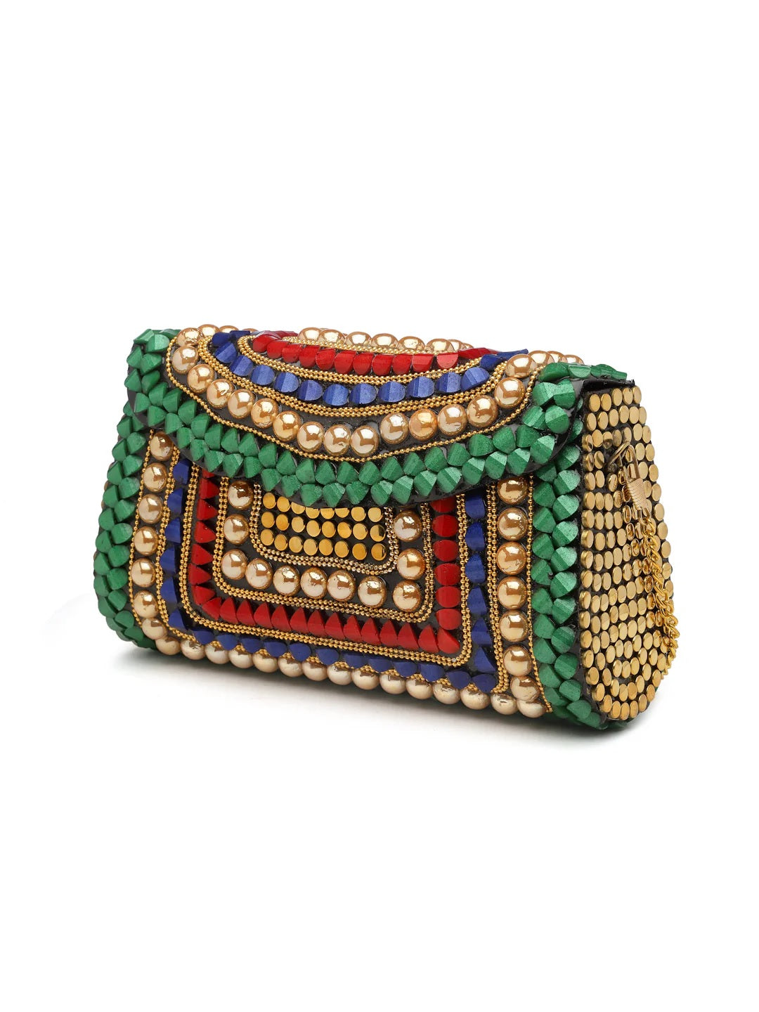 Mosaic Stone Work Embellished Metal Clutch