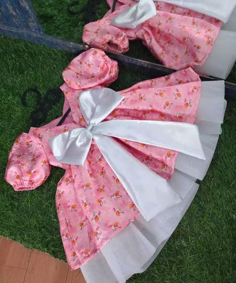 Chic Baby Pink Floral Printed and Butterfly Jacquard Frock