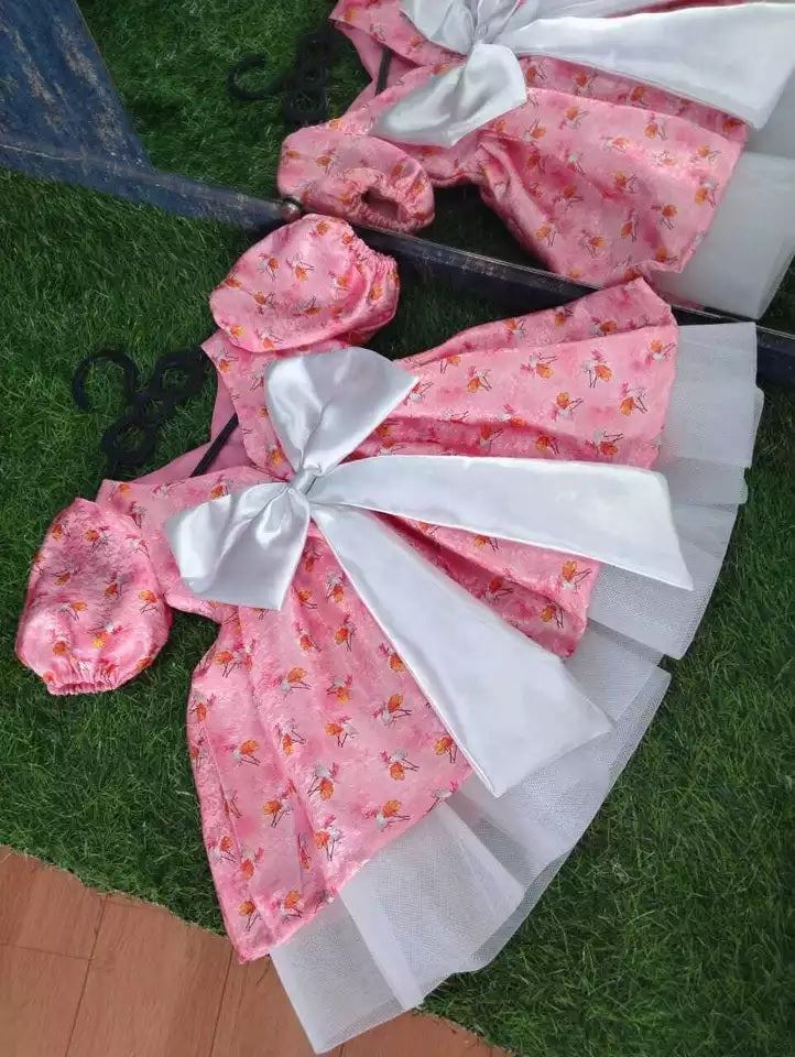 Chic Baby Pink Floral Printed and Butterfly Jacquard Frock