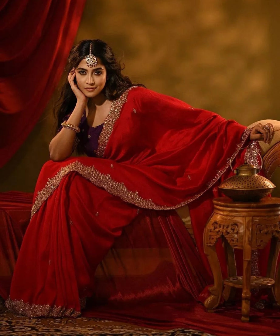 Rich Soft Georgette Fabric With Golden Tunic Sequence Work Saree With Blouse