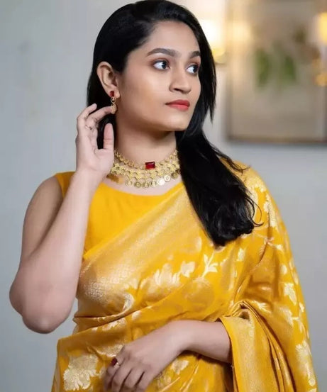 Yellow Traditional Banarasi Soft Silk Saree With Blouse