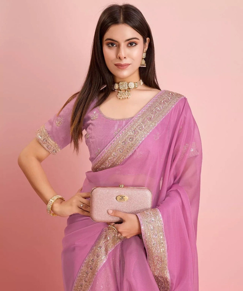 Tabby Silk Organza With Embroidery Lace Work Sari &  Blouse