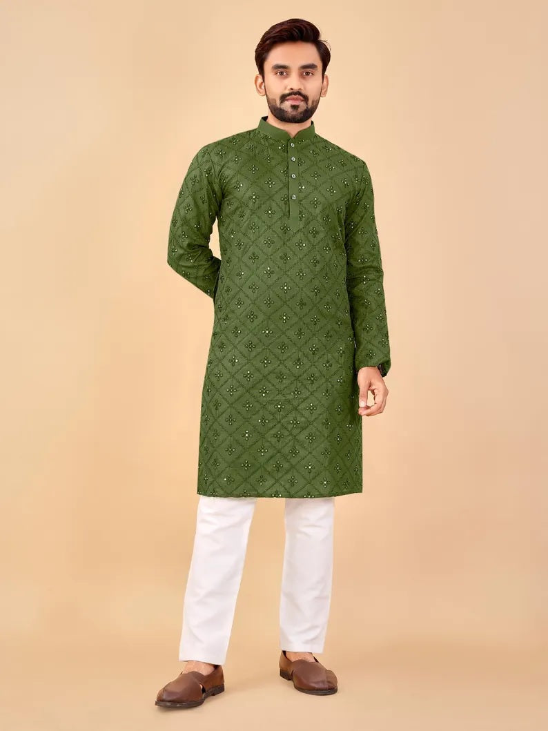 Embroidery Mirror Work Men's Kurta Pajama Set