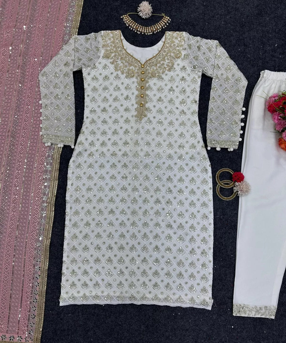 Faux Georgette Traditional Style Top Pant & Dupatta Set