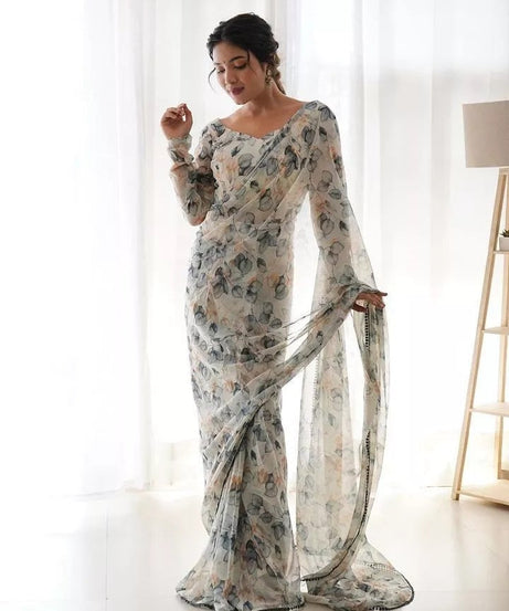 Premium Georgette With Fancy Lace Border Work Read To Wear Sari With Blouse