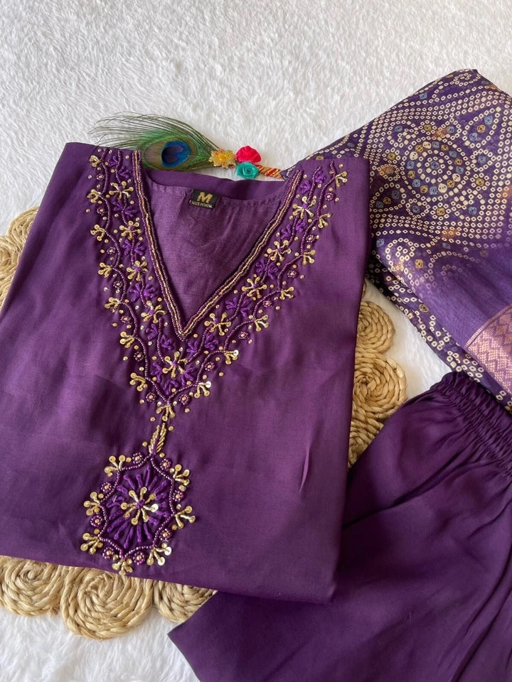 Premium Roman Silk Full Stitched Top Pant & Dupatta