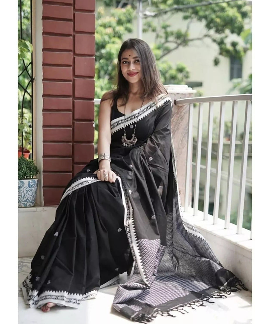 Black Soft Linen Slub Designer Saree,Classic Sari Blouse