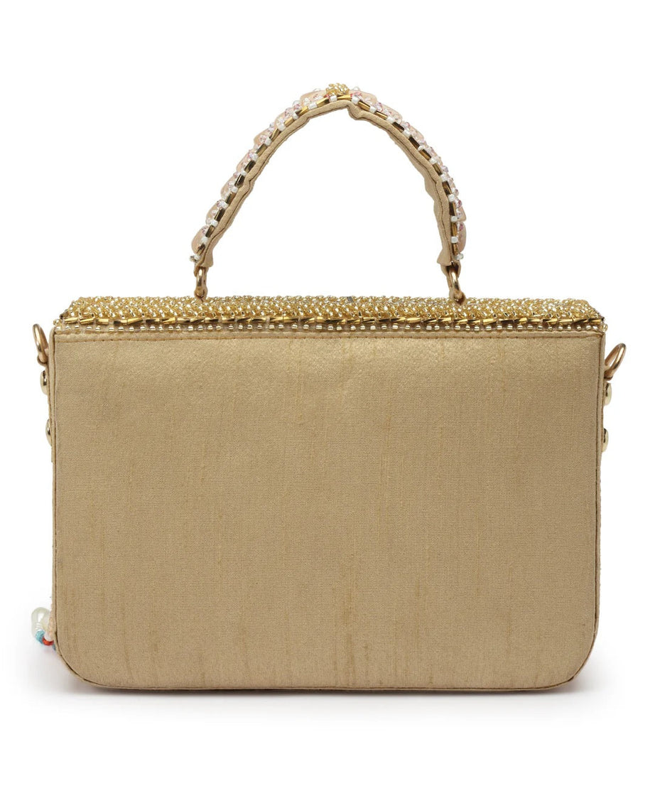 Dangle Bead Work Embellished Faux Silk Clutch