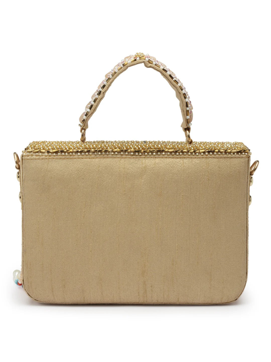 Dangle Bead Work Embellished Faux Silk Clutch