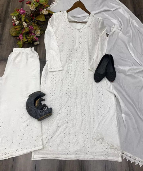 Cotton With Embroidery Diamond Work Top Palazzo Dupatta Set