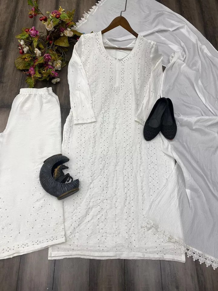 Cotton With Embroidery Diamond Work Top Palazzo Dupatta Set