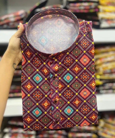 Traditional Wedding Wear Kurta, Party Wear Cotton Print Kurta For Men's