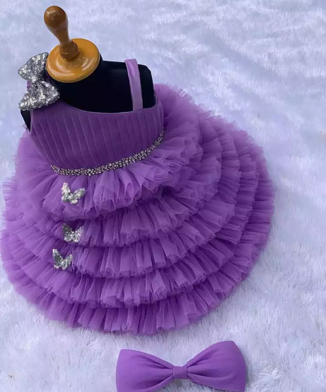 Lovely Sequins Bow and Diamond Belt Net Frock for Baby Girls
