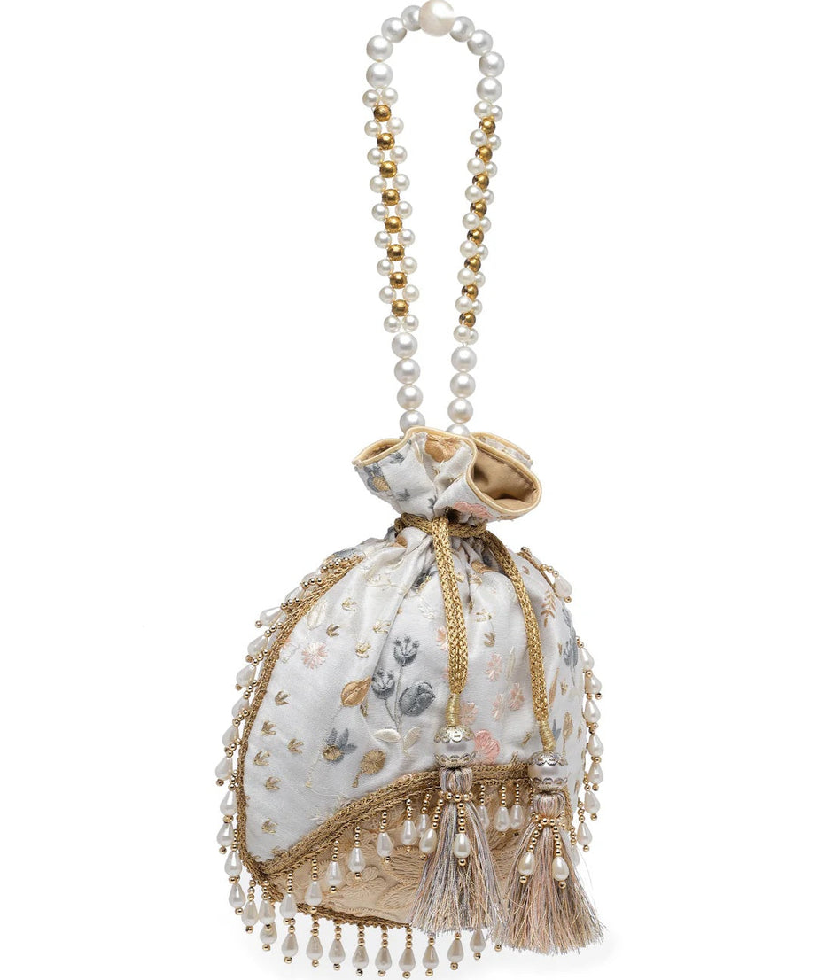 Droop Floral Embroidered Faux Silk Potli Bag