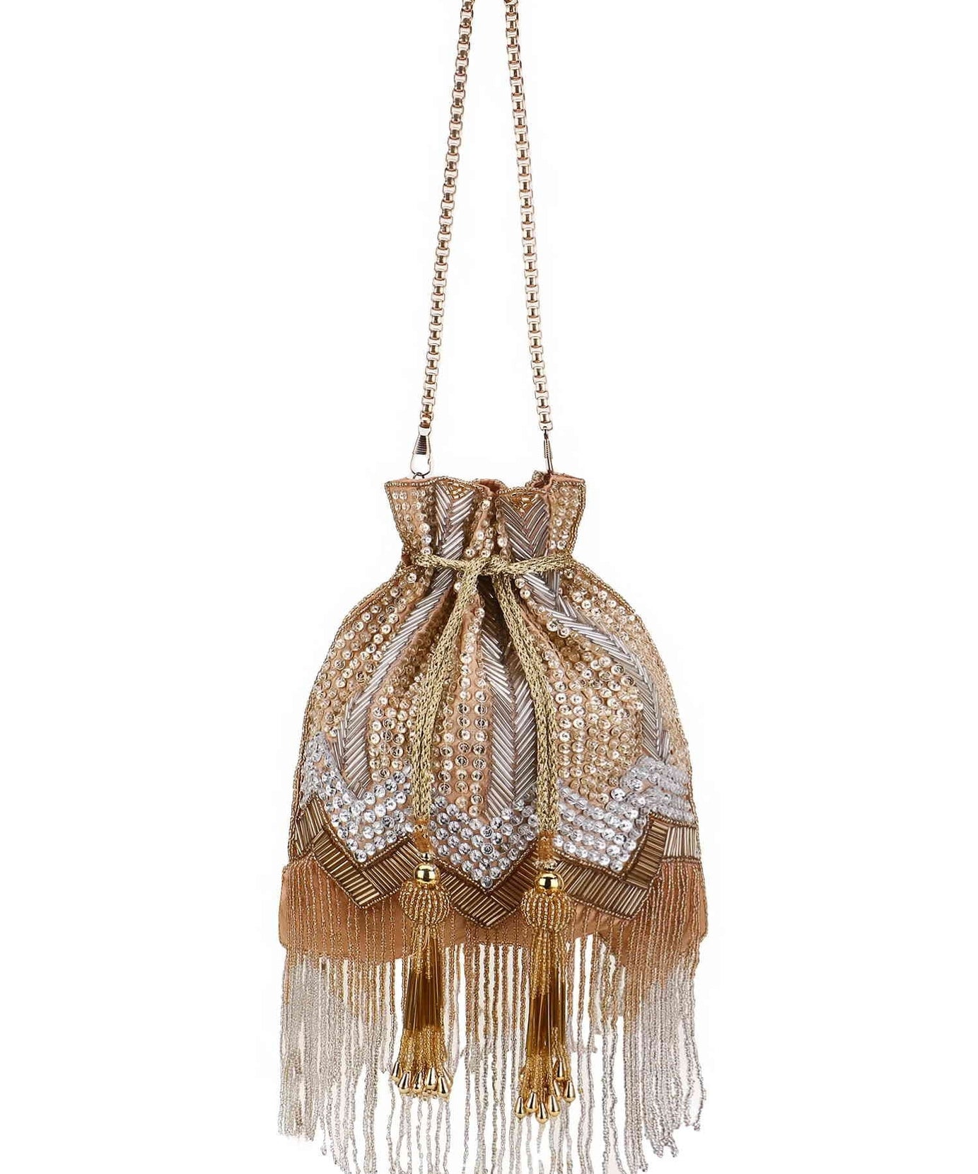 Dangle Chevron Embellished Faux Silk Potli Bag