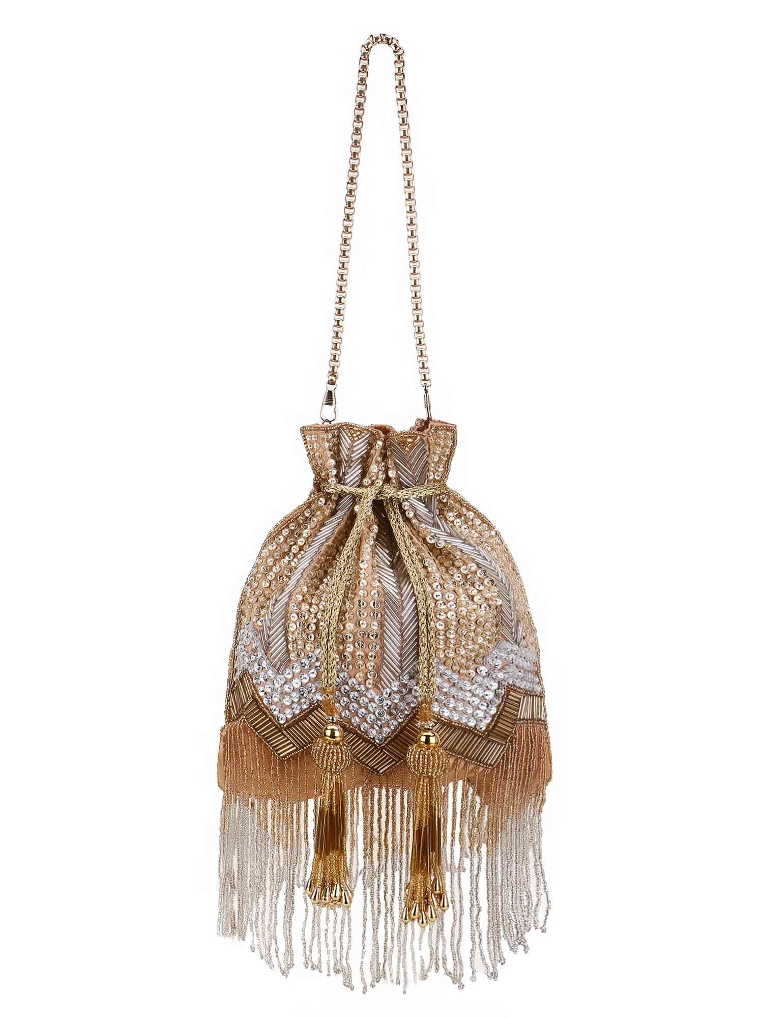 Dangle Chevron Embellished Faux Silk Potli Bag