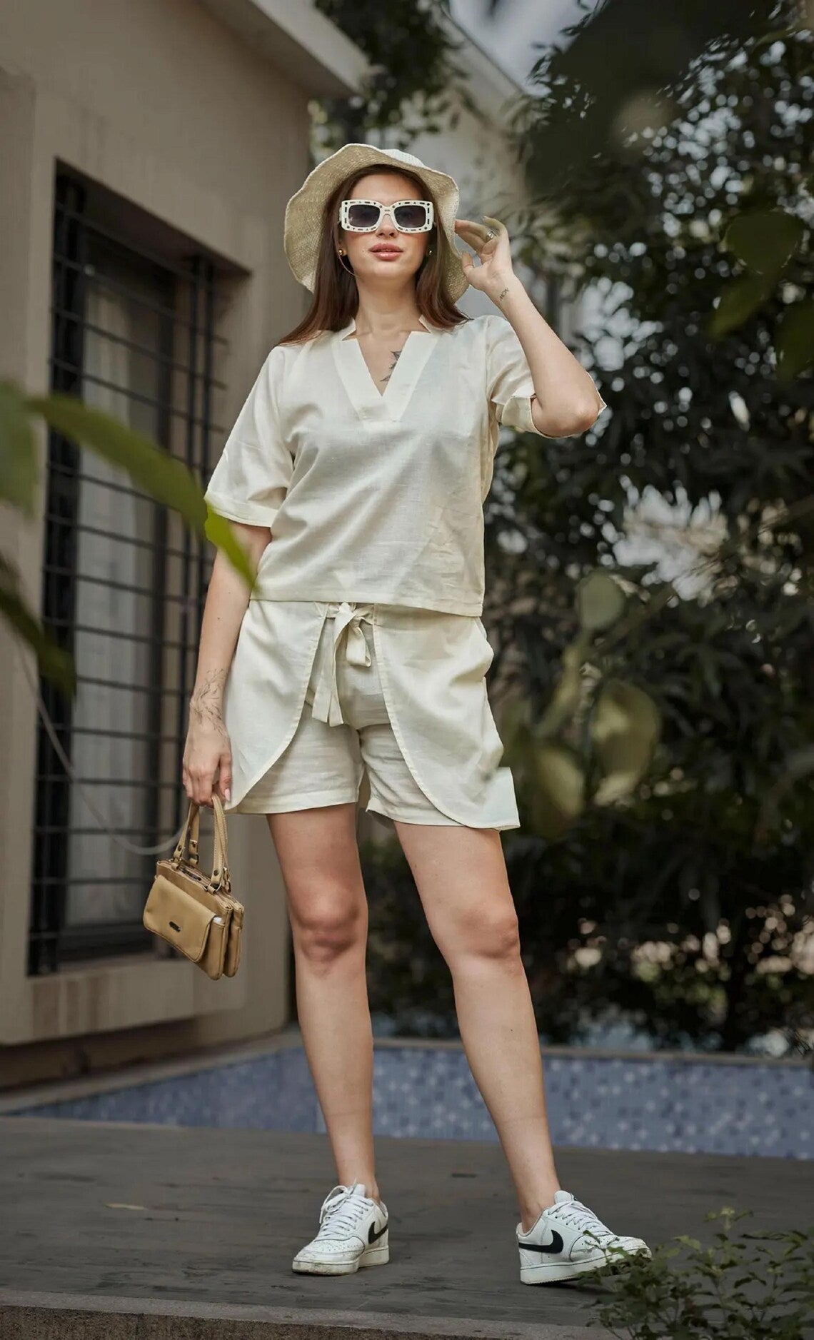 Linen V- Neck Top and Short Set For Women