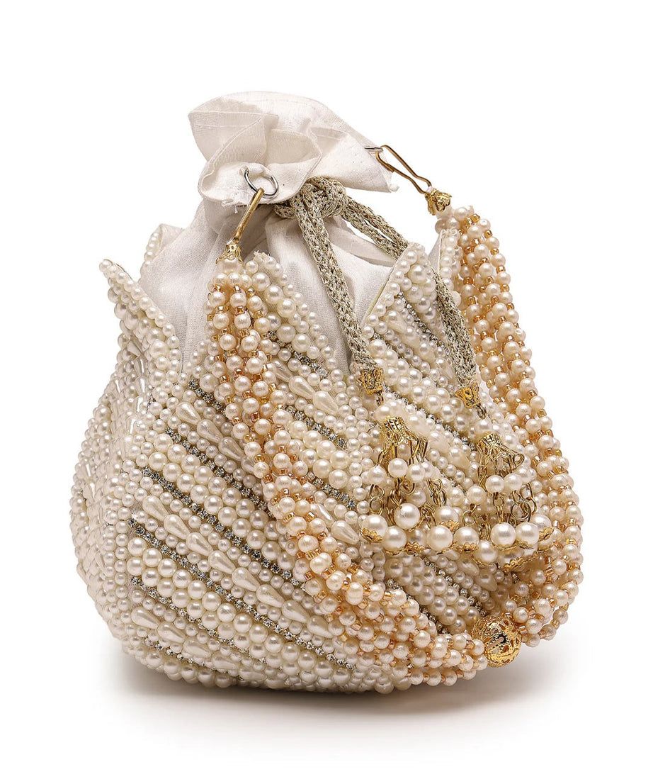 Lotus Pearl Embellished Faux Silk Potli Bag